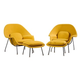 Eero Saarinen for Knoll Mid Century Womb Lounge Chairs With Ottomans - Pair For Sale