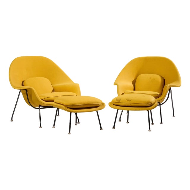 Eero Saarinen for Knoll Mid Century Womb Lounge Chairs With Ottomans - Pair For Sale