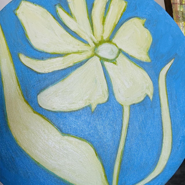 2020s Original Round Flower Painting, Blue Green Yellow Botanical Wall Art, Oil on Circle Canvas by Tatiana Duperault For Sale - Image 5 of 5