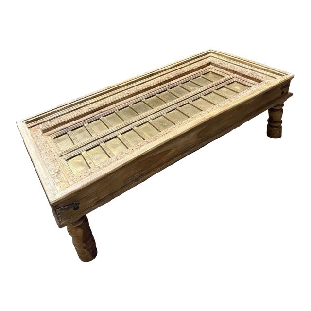 Antique Indian Carved Door Coffee Table – Rustic Brass Clad Statement Accent Table 59 For Sale