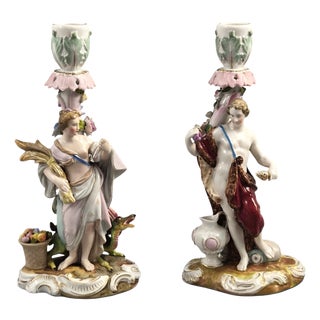 Allegorical Porcelain Candlesticks by Volkstedt R. Eckert and Co, 1895, Set of 2 For Sale