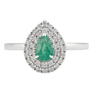 VRJewels 14k Gold Emerald Diamond Double Halo Vintage Engagement Ring Size 5.5 For Sale