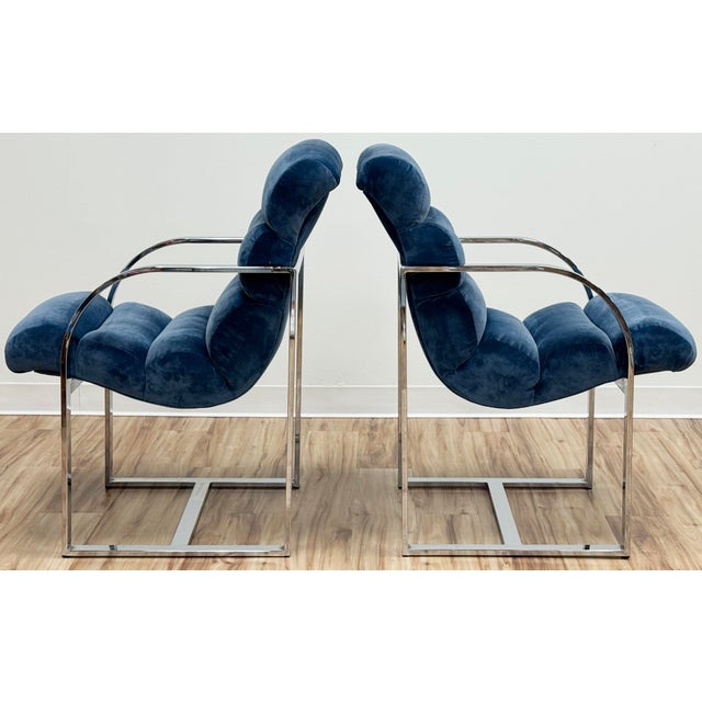 Vintage Newly Upholstered Blue Velvet Chrome Sling Chairs, a Pair For Sale In Kansas City - Image 6 of 18