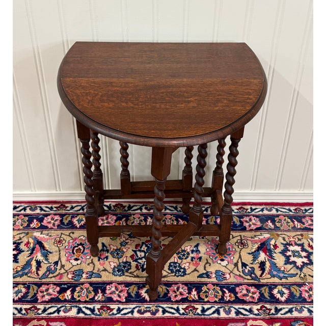 Brown Antique English Petite Table Drop Leaf Gateleg Barley Twist Oak Oval c.1920-30s For Sale - Image 8 of 16