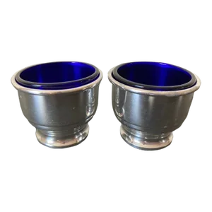 American Art Deco Cobalt Blue Glass and Sterling Silver Salt or Pepper Cellars by Wallace- A Pair