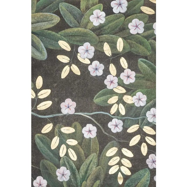 Painted canvas representing flowers and birds, in linen with natural pigments and copper leaves. Contemporary French work....