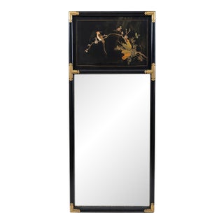 Vintage Chinoiserie Black Lacquer Mirror | Hand-Painted Bird & Blossom Panel With Brass Corners For Sale