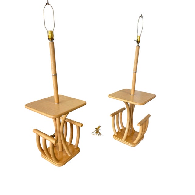 Modern Classic Rattan “06” Floor Lamps With Table, a Pair, Vintage Bamboo, Wood, Boho, Coastal For Sale - Image 3 of 11