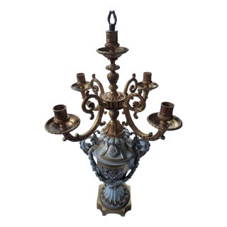 Vintage Italian Louis XVI Style Gilt Brass and Porcelain Candelabrum by Tiche, 1970s For Sale