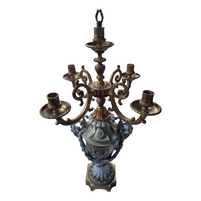 Vintage Italian Louis XVI Style Gilt Brass and Porcelain Candelabrum by Tiche, 1970s For Sale