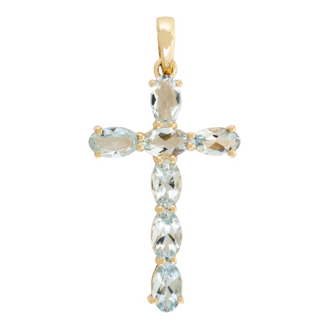 Handcrafted Aquamarine Cross Pendant for Mom Made in 14k Yellow Gold For Sale