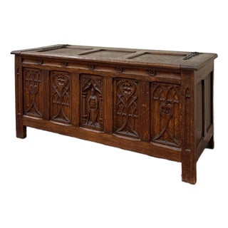 Antique French Gothic Trunk Chest Blanket Box Storage Coffer Knights Oak 19thC For Sale