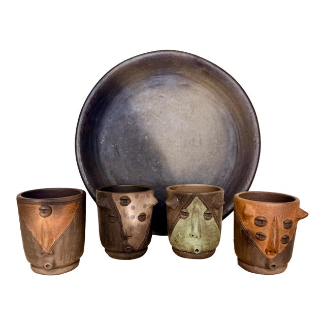 Mexican Surrealist Mezcal Clay Shot Glasses and Tray For Sale