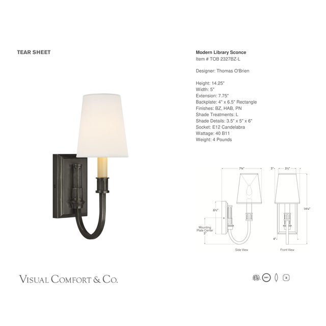 Modern Thomas O'Brien for Visual Comfort Signature Modern Library Sconce in Bronze with Linen Shade For Sale - Image 3 of 5