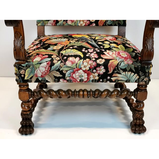Antique Louis XIII and Renaissance Walnut Armchairs with Parrot Upholstery, 1890s, Set of 2 For Sale - Image 6 of 18