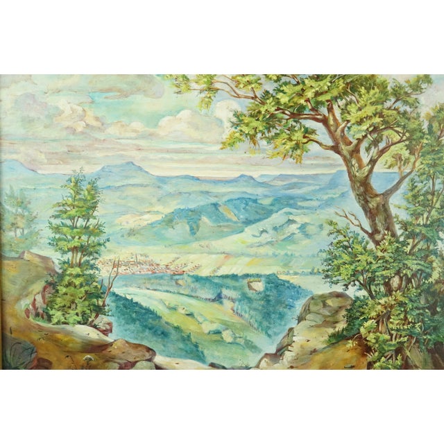 Beautiful oil painting on textured masonite, in post-impressionist style, depicting a view from above of a city framed by...