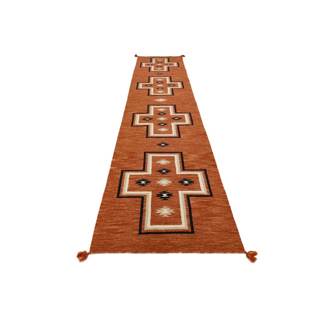 Native American Modern Navajo Style Hand-Knotted Wool Rug – Terracotta Geometrical Cross Design For Sale - Image 3 of 9