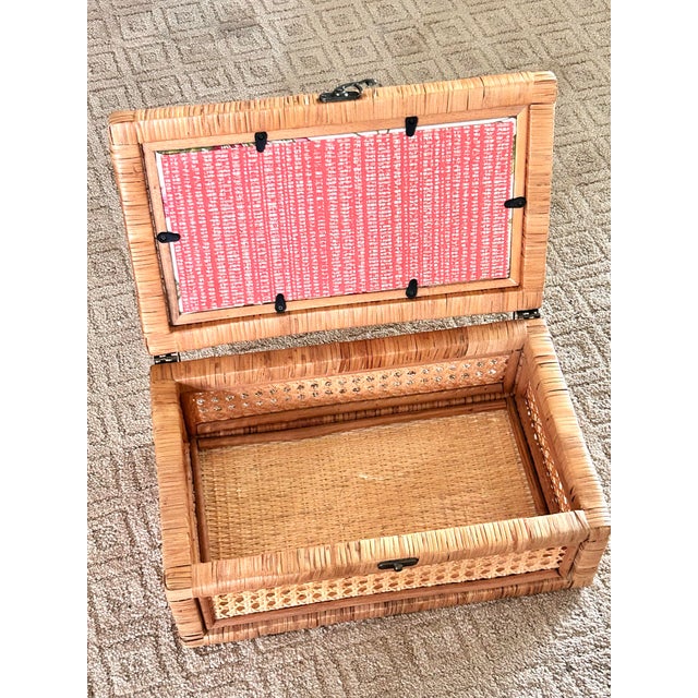 Intage Rattan Cane Glass Top Storage Box With Designer Fabric Insert For Sale - Image 4 of 13