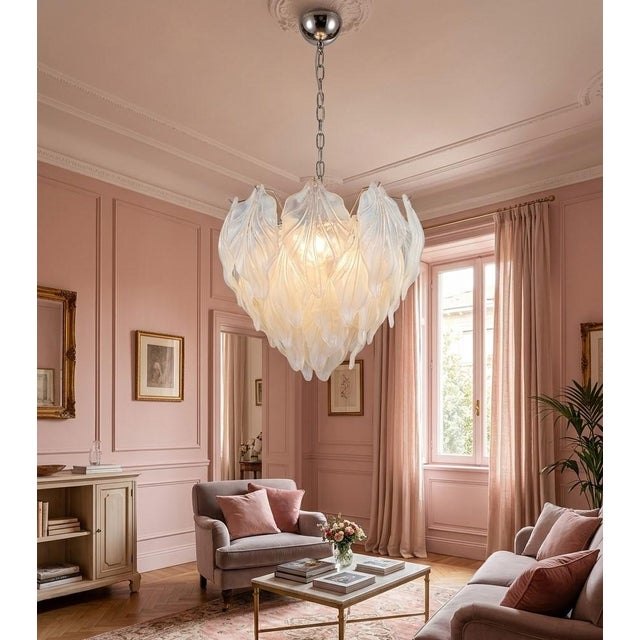 Vintage Opal Leaf Chandelier in Murano Opal Glass, 1980 For Sale - Image 3 of 13