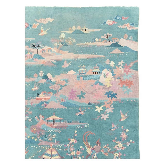 Art Deco Galerie Shabab Collection Mid-20th Century Handmade Chinese Art Deco Room Size Carpet in Seafoam Green For Sale - Image 3 of 10
