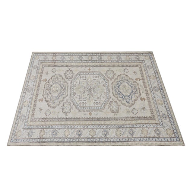 Contemporary 6'x9' Geometric Kazak Ariana Hazara Rug | Blue, White & Brown Wool For Sale - Image 3 of 6