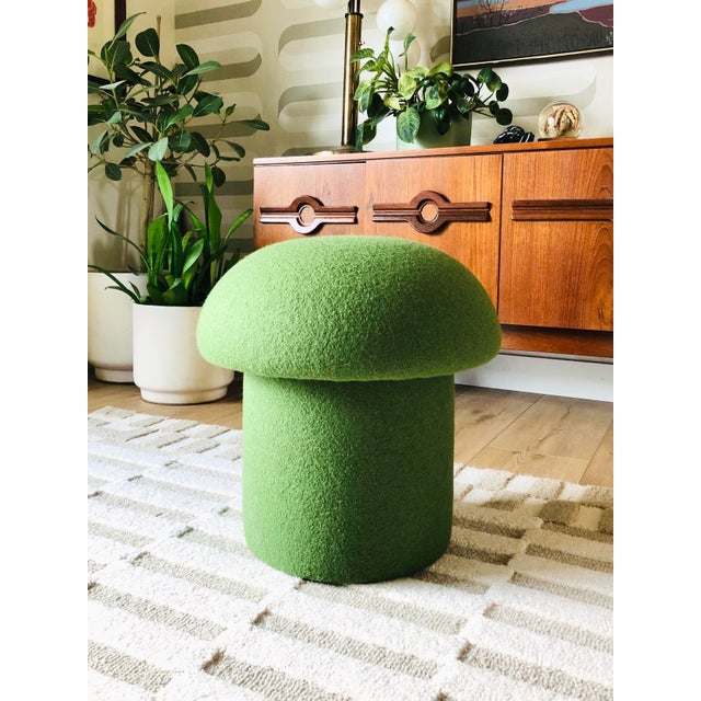 A handmade mushroom shaped ottoman, upholstered in "Grass" green wool fabric. Perfect for using as a footstool or extra...