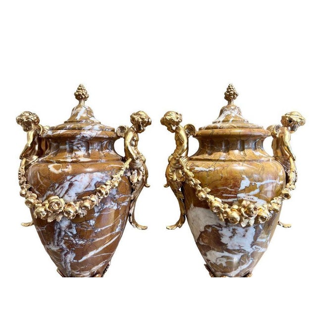 Napoleon III Marble Urns Decorated with Putti, Set of 2 For Sale - Image 4 of 16