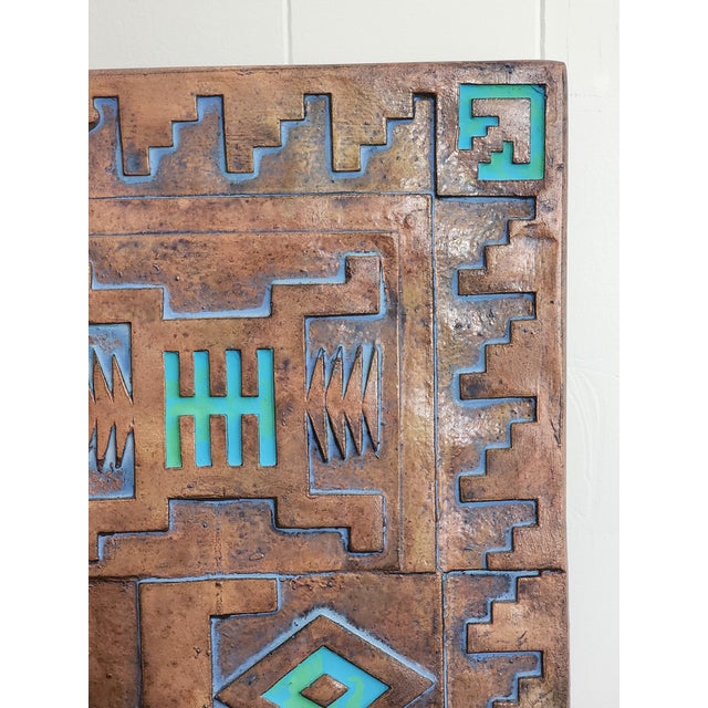 Wood Artisan Signed Native American Navajo Tribal Diné Carved Turquoise Inlay Wall Mirror For Sale - Image 7 of 12