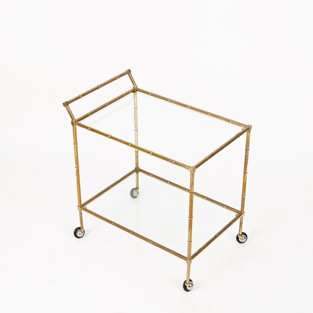 Faux Bamboo Brass and Crystal Serving Bar Cart from Maison Jansen, 1970s For Sale - Image 9 of 11