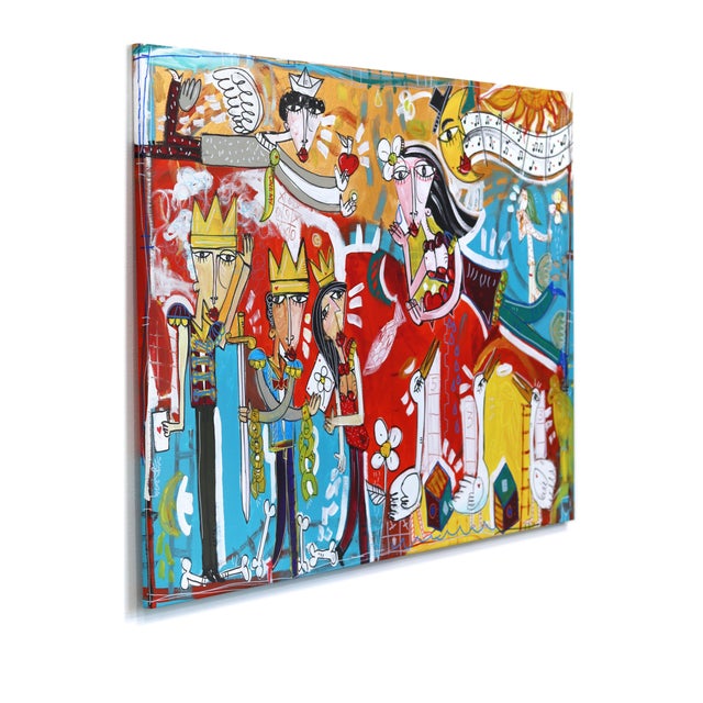 Abstract l'Altra Parte - Original Red Multicolor Cubist Figurative Mixed Media Acrylic Painting on Canvas For Sale - Image 3 of 9