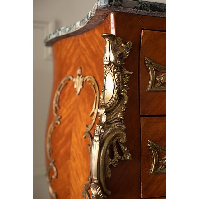 Pair Vintage French Louis XV Bombé Chests, Marble Top Commode Nightstands For Sale - Image 17 of 18