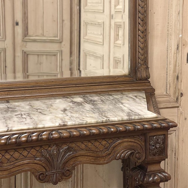 19th Century French Walnut Louis XIV Style Marble-Top Console & Beveled Mirror For Sale - Image 10 of 12