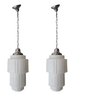 1930s Art Deco Milk Glass Skyscraper Pendant Light - a Pair For Sale