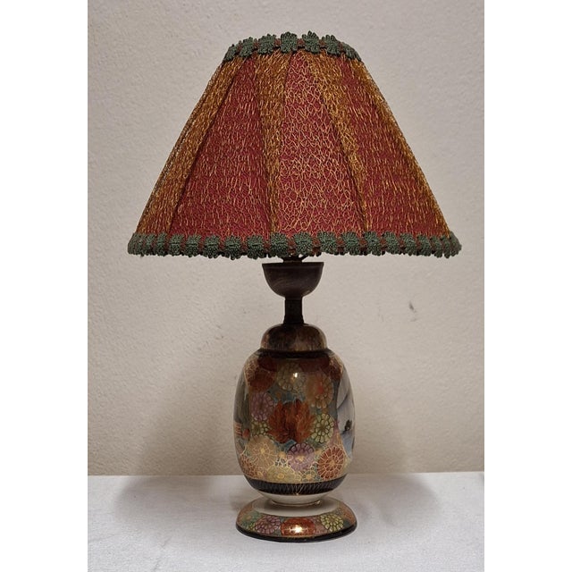 Mid-Century Table Lamp with Japanese Style Porcelain Base and Handmade Fabric Shade, Germany, 1950s, in Very Good...