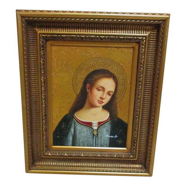 1980s Small Gold Gilt Carved Framed Religious Woman Bust Oil Painting For Sale