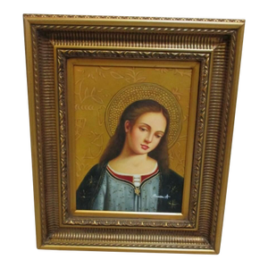 1980s Small Gold Gilt Carved Framed Religious Woman Bust Oil Painting