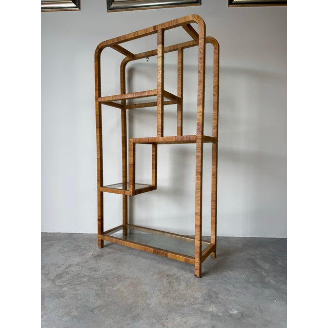 1970s 1970’s Milo Baughman-Style Rattan Wrapped Geometric Étagère With Glass Shelves For Sale - Image 5 of 12
