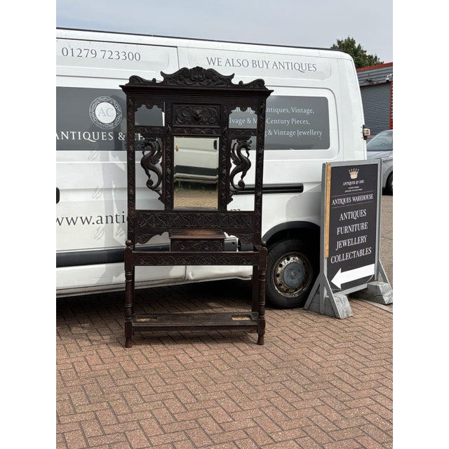 Black Victorian Oak Hall Stand with Mirror For Sale - Image 8 of 18