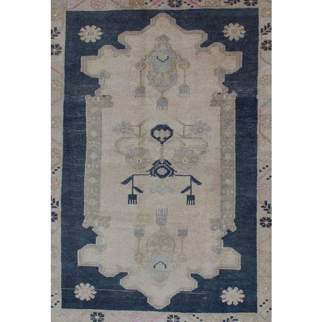 Blue and Cream Medallion Vintage Turkish Hand Knotted Oushak Rug With Tribal Geometric Design For Sale - Image 4 of 9