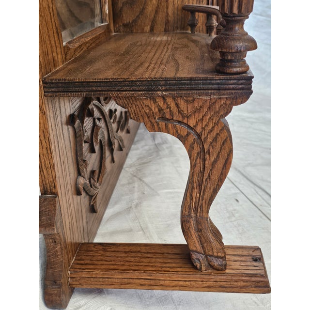 Antique 1890s Tiger Oak Over Mantel With Bowed Glass Cabinet & Beveled Mirrors For Sale - Image 16 of 17