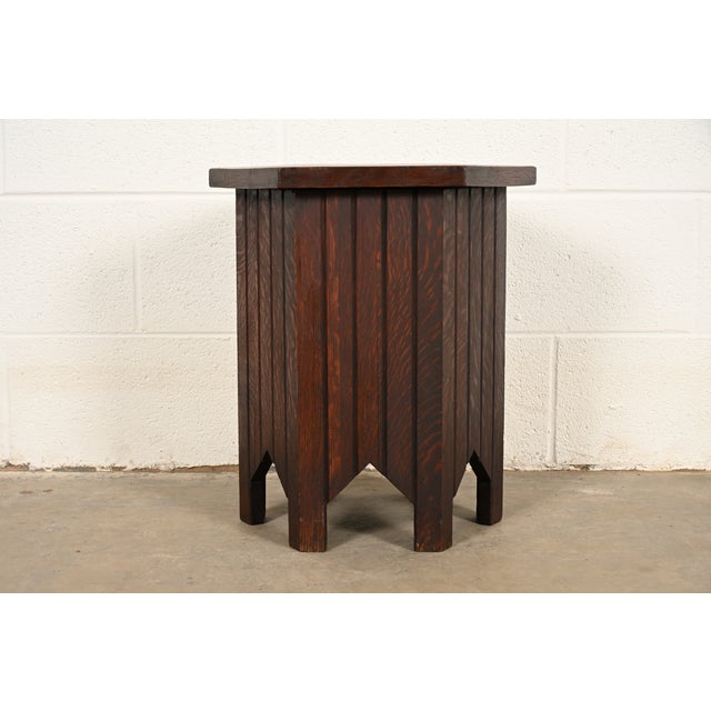 A beautiful antique Mission oak Arts & Crafts hexagonal side table or tabouret In the manner of Stickley Brothers By...