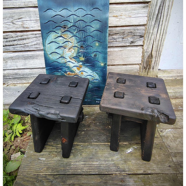 Yakisugi -Shou Sugi Ban Charred Barnwood Stool, Reclaimed Accent Table, Wabi Sabi Plant Stand For Sale - Image 4 of 6