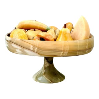 Exceptional Vintage Mid-Century Mexican Carved Onyx Stone Pedestal Bowl, Centerpiece Filled With 12 Assorted Onyx Fruit For Sale