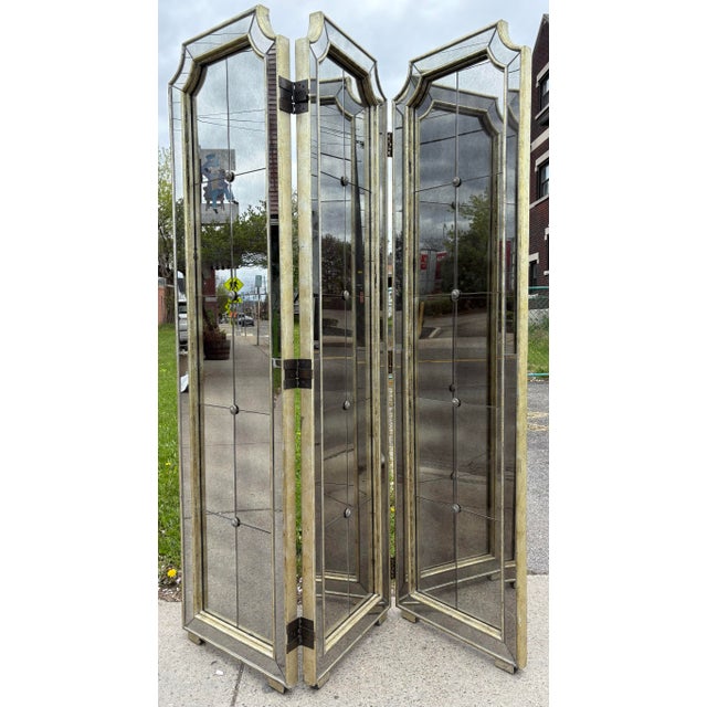 1980s Vintage Regency Inspired Antique Mirrored Folding Screen For Sale - Image 5 of 10