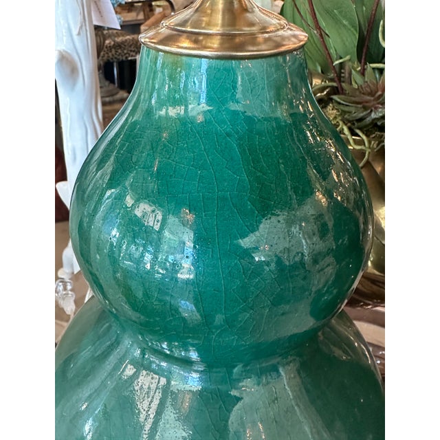 Green Vintage Pair Gourd Green Crackle Glaze Porcelain Table Lamps Newly Wired Brass For Sale - Image 8 of 12