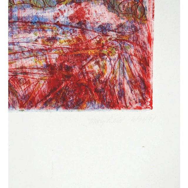 Contemporary Vintage Abstract Red & Blue Botanical Etching For Sale - Image 3 of 5