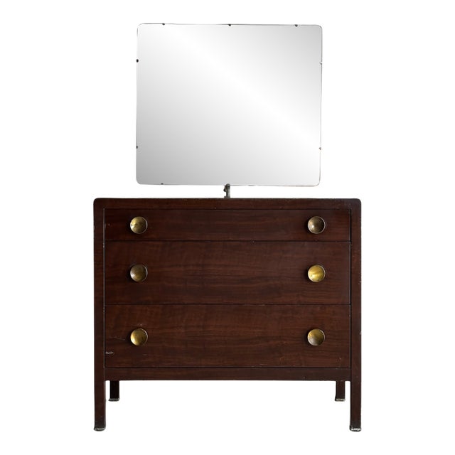 Vintage Norman Bel Geddes Steel Chest of Drawers With Mirror & Brass Pulls, C. 1930s For Sale