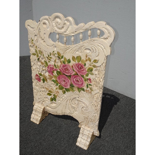 Vintage French Country White Wood Pink Floral Fireplace Screen Room Decor For Sale - Image 4 of 13