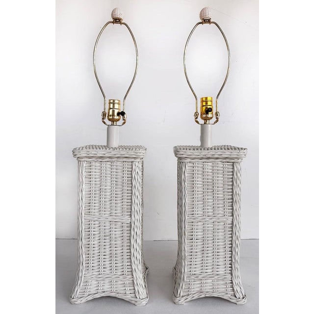 Late 20th Century Late 20th Century Palm Beach Coastal Chic White Wicker Table Lamps With Harps and Finials, a Pair For Sale - Image 5 of 10