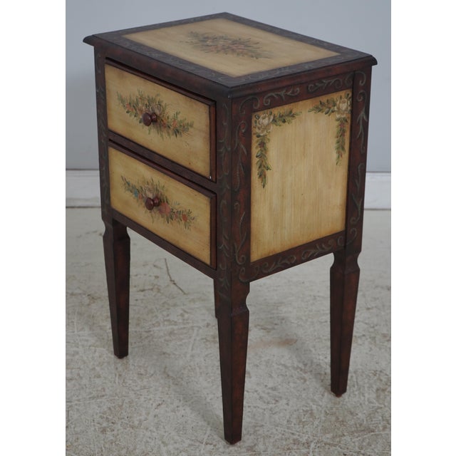 French Provincial Pair of Venetian Paint Decorated 2 Drawer End Tables Nightstands For Sale - Image 3 of 16